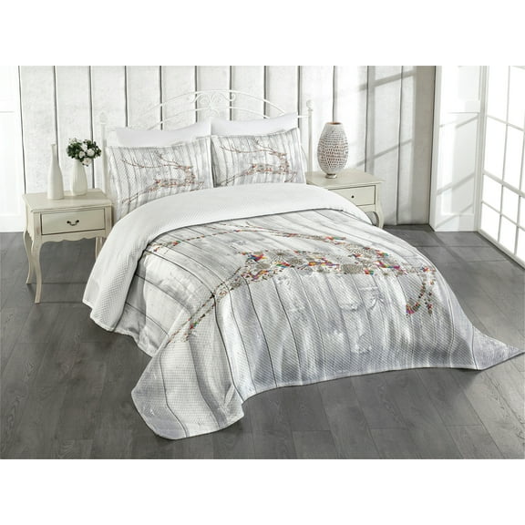 Ambesonne Deer Quilted Bedspread Set 3 Pcs, Xmas Animal Rustic, King Size, Grey Multicolor