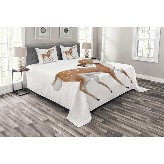 Ambesonne Deer Quilted Bedspread Set 3 Pcs, Young Deer and Butterfly, Queen Size, Pale Caramel Coconut