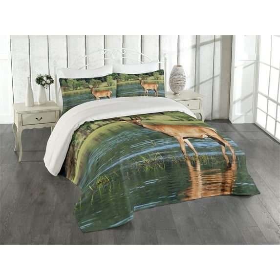 Ambesonne Deer Quilted Coverlet 2 Pcs, Mountain Animal in Water, Twin Size, Green Brown