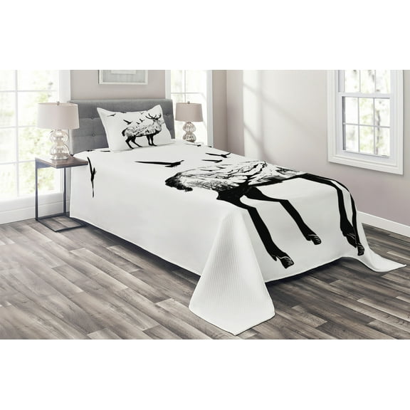 Ambesonne Deer Quilted Coverlet 2 Pcs, Mountain and Cottage, Twin Size, Black White