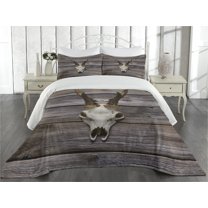 Ambesonne Deer Quilted Coverlet 3 Pcs, Rustic Antlers on Wood, King Size, Brown Beige