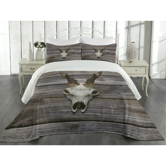 Ambesonne Deer Quilted Coverlet 3 Pcs, Rustic Antlers on Wood, King Size, Brown Beige