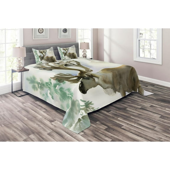 Ambesonne Deer Quilted Coverlet 3 Pcs, Winter Forest Paint Style, King Size, Beige Green