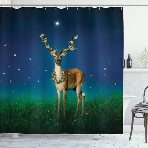Ambesonne Deer Shower Curtain, Animal with Floral Antlers, 69"Wx84"L, Night Blue Emerald and Ginger