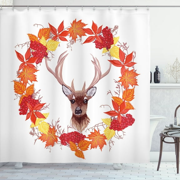 Ambesonne Deer Shower Curtain, Autumn Leaves Wreath Art, 69"Wx75"L, Brown Orange