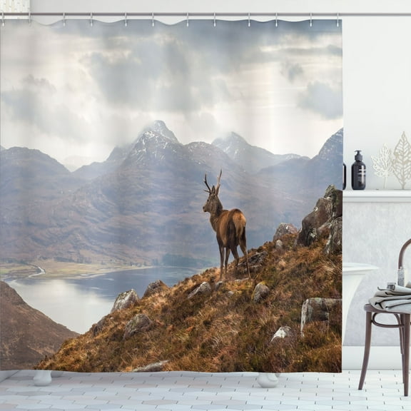 Ambesonne Deer Shower Curtain, Western Ross Mountain View, 69"Wx70"L, Brown White