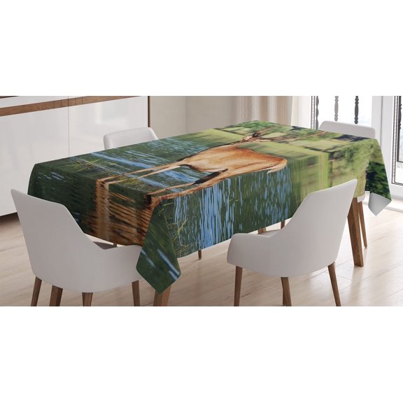 Ambesonne Deer Tablecloth Rectangular Table Cover, Mountain Animal in Water, 60"x84", Green Brown