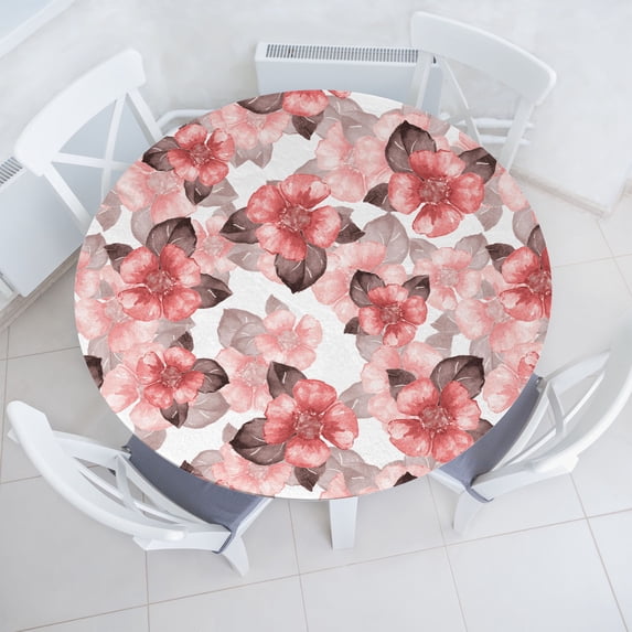 Ambesonne Delicate Blooms Fitted Round Tablecloth, Floral Neutral Boho, 56"- 60" Diameter, Coral Dark Mauve White