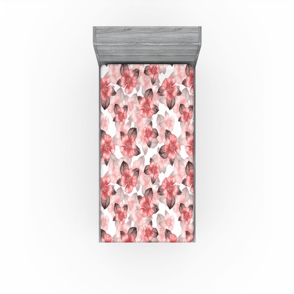 Ambesonne Delicate Blooms Fitted Sheet, Floral Neutral Boho, Twin Size, Coral Dark Mauve White