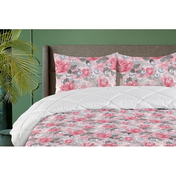 Ambesonne Delicate Floral Down Alternative Quilt Comforter, Dreamy Boho Roses, Twin, Dark Coral Laurel Green