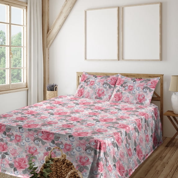Ambesonne Delicate Floral Fitted & Flat Sheet with Shams 4 Pcs Set, Dreamy Boho Roses, Full, Dark Coral Laurel Green