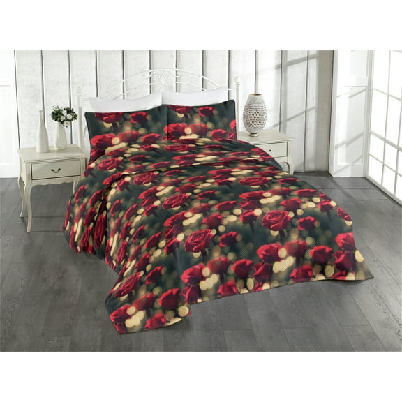 Ambesonne Delicate Rose Quilted Bedspread Set 3 Pcs, Garden Romantic Bloom, Queen, Dark Pink Pale Green