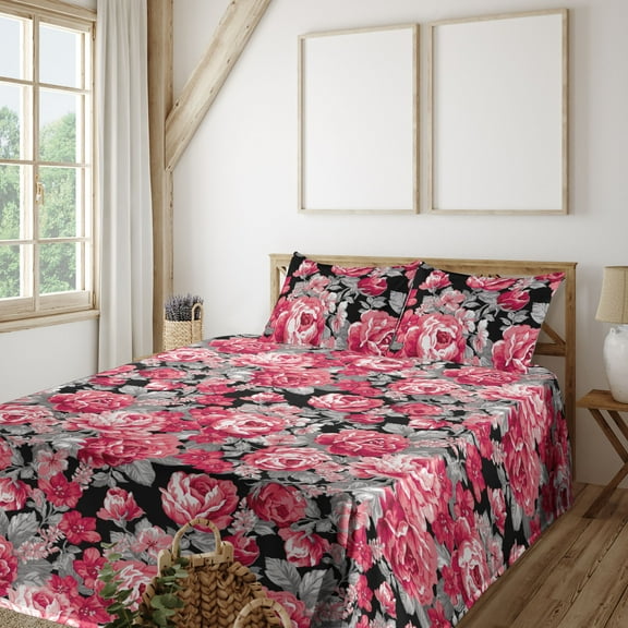 Ambesonne Delicate Roses Fitted & Flat Sheet with Shams 4 Pcs Set, Neutral Floral Scene, King, Pastel Pink Pale Grey