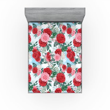 Ambesonne Delicate Roses Fitted Sheet, Art Blooming Floral, California King, Dark Coral Pastel Pink