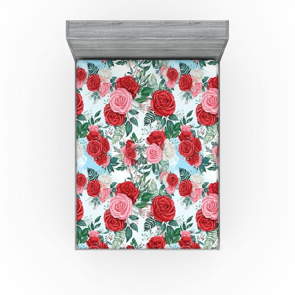 Ambesonne Delicate Roses Fitted Sheet, Art Blooming Floral, California King, Dark Coral Pastel Pink