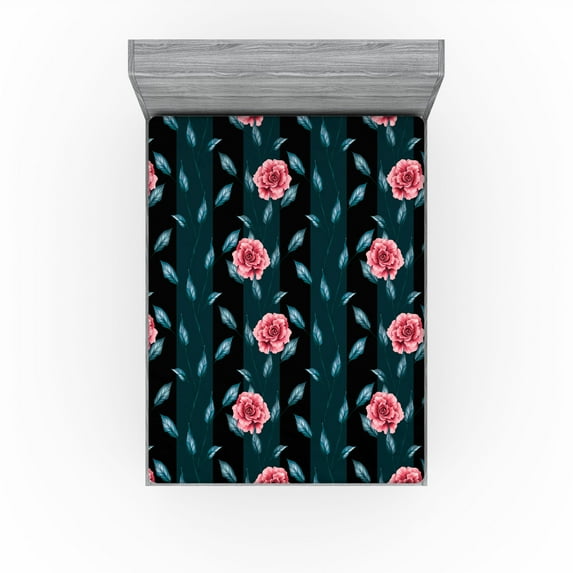 Ambesonne Delicate Roses Fitted Sheet, Art Modern Floral, King Size, Dark Coral Sea Blue