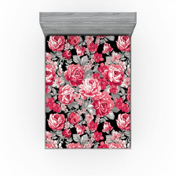 Ambesonne Delicate Roses Fitted Sheet, Neutral Floral Scene, California King, Pastel Pink Pale Grey