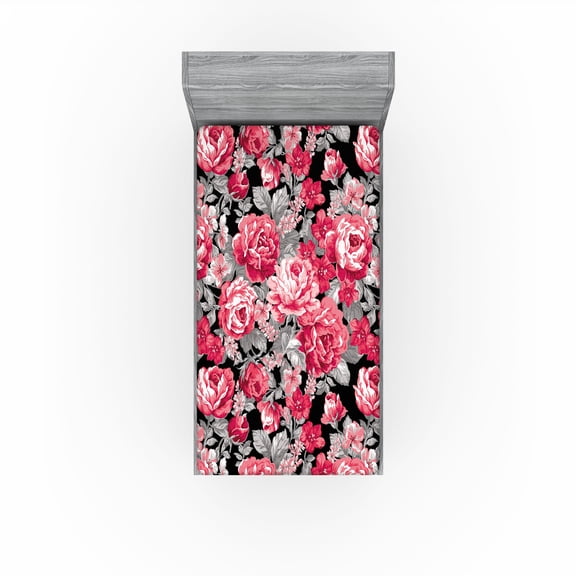 Ambesonne Delicate Roses Fitted Sheet, Neutral Floral Scene, Twin Size, Pastel Pink Pale Grey
