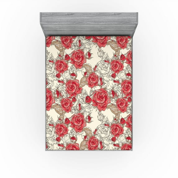 Ambesonne Delicate Roses Fitted Sheet, Pastel Flowers Boho, California King, Dark Coral Cream Cocoa