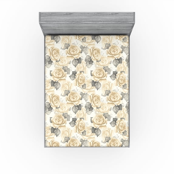 Ambesonne Delicate Roses Fitted Sheet, Retro Garden Scene, Queen Size, Pale Peach Pale Grey Dust