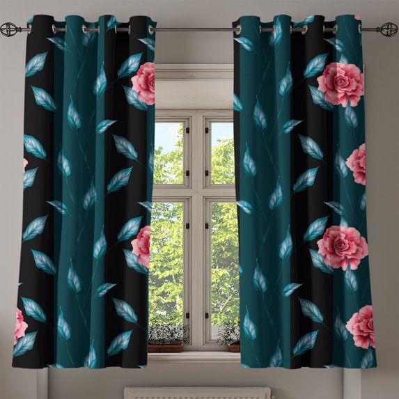 Ambesonne Delicate Roses Grommet Curtain, Art Modern Floral, 50"x60", Dark Coral Sea Blue