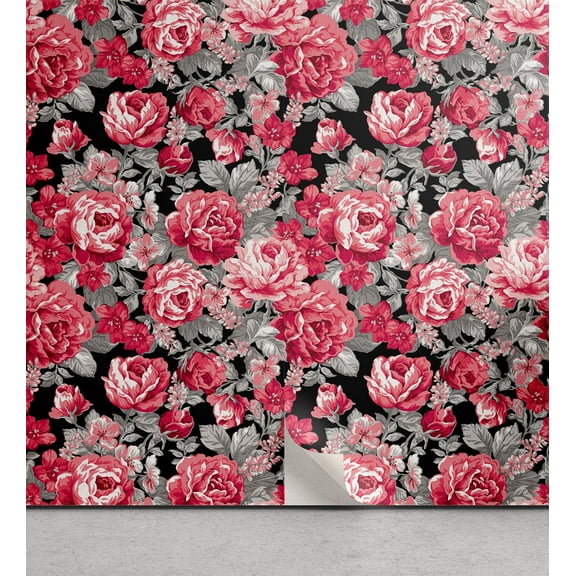 Ambesonne Delicate Roses Peel & Stick Wallpaper for Home, Neutral Floral Scene, 13"x72", Pastel Pink Pale Grey