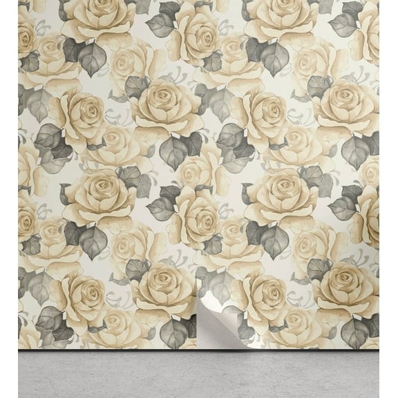 Ambesonne Delicate Roses Peel & Stick Wallpaper for Home, Retro Garden Scene, 13"x36", Pale Peach Pale Grey Dust
