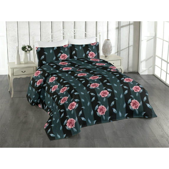 Ambesonne Delicate Roses Quilted Bedspread Set 3 Pcs, Art Modern Floral, Twin, Dark Coral Sea Blue