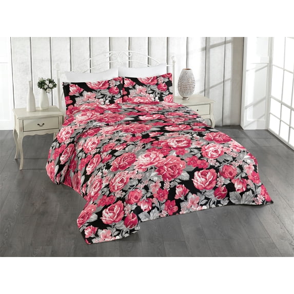 Ambesonne Delicate Roses Quilted Bedspread Set 3 Pcs, Neutral Floral Scene, King, Pastel Pink Pale Grey