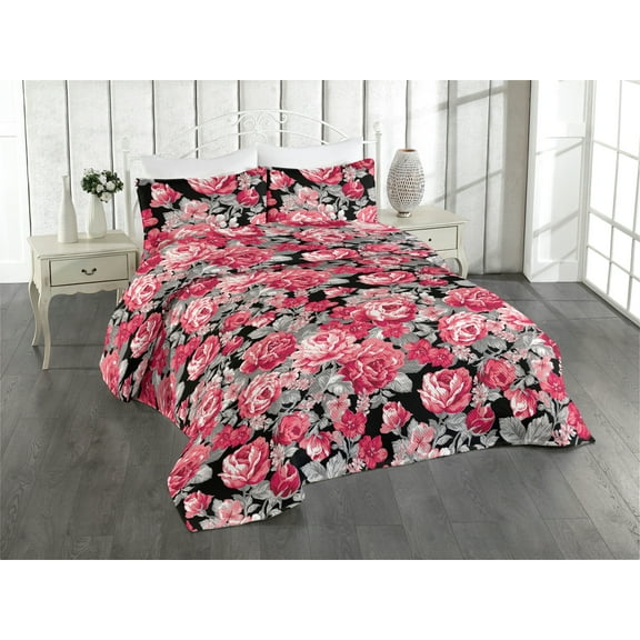 Ambesonne Delicate Roses Quilted Bedspread Set 3 Pcs, Neutral Floral Scene, Twin, Pastel Pink Pale Grey
