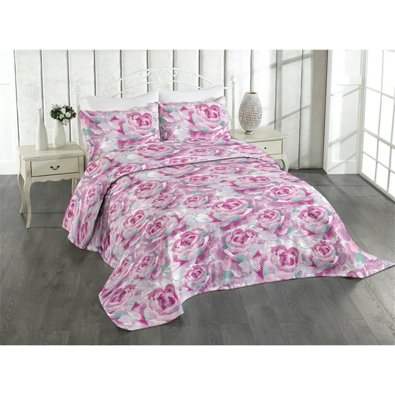 Ambesonne Delicate Roses Quilted Coverlet 2 Pcs, Art Aquarelle Floral, Twin Size, Pale Lilac Magenta