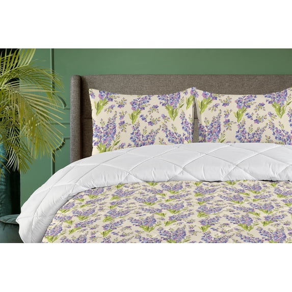 Ambesonne Delphinium Pattern Down Alternative Quilt Comforter, Leaf Simple Art, Full, Yellow Green Lavender