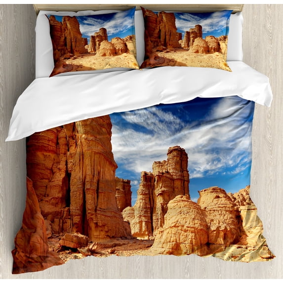 Ambesonne Desert Duvet Cover Sets, Bizarre Sandstone Cliffs, 2-King, Navy Blue Mustard Orange