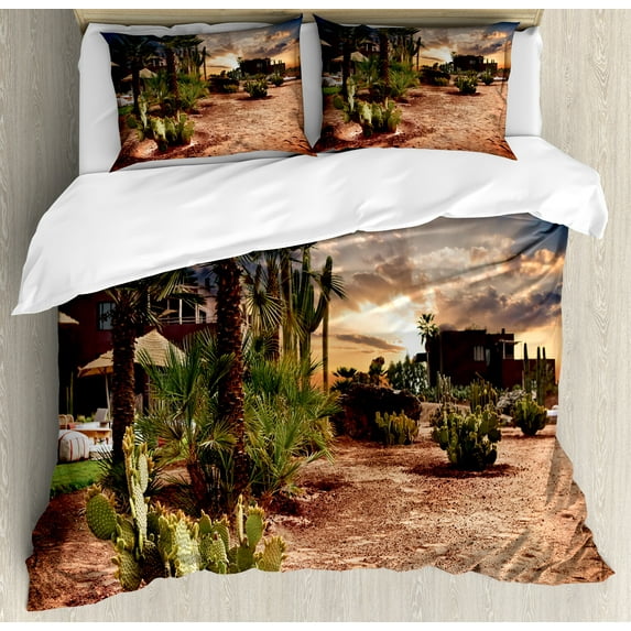 Ambesonne Desert Duvet Cover Sets, Majestic Sky Palm Trees, 2-King, Blue Green Pale Brown