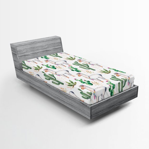 Ambesonne Desert Fitted Sheet 2 Pcs Set, Llama Animal Pattern Cacti, Twin XL, Multicolor