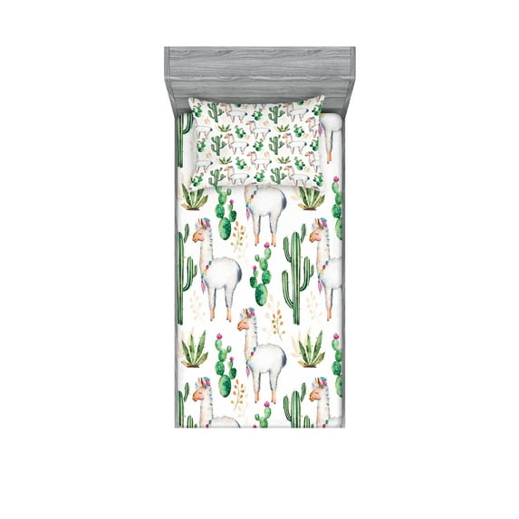 Ambesonne Desert Fitted Sheet & Pillow Sham Set, Llama Animal Pattern Cacti, Twin, Multicolor