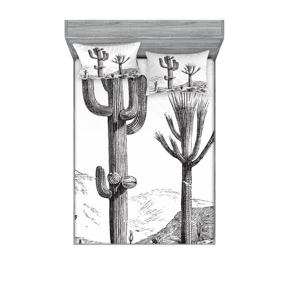 Ambesonne Desert Fitted Sheet & Pillow Sham Set, Sketchy Mexican View, Queen, Charcoal Grey