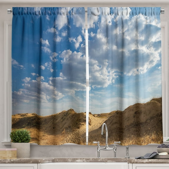 Ambesonne Desert Kitchen Curtains, Barren Scenery Dunes Print, 55"x24", Dark Cocoa and Petrol Blue