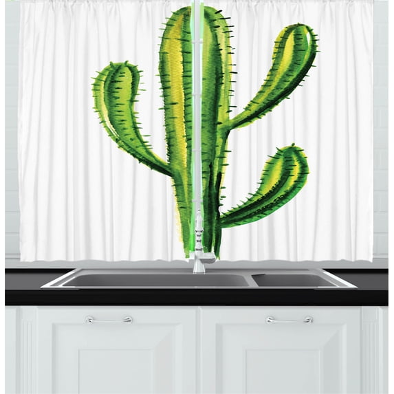 Ambesonne Desert Kitchen Curtains, Mexican Cartoon Cactus, 55"x39", Green