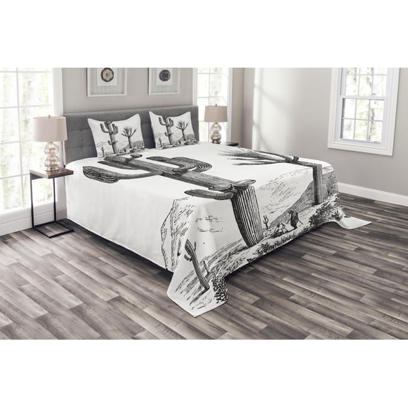 Ambesonne Desert Quilted Bedspread Set 3 Pcs, Sketchy Mexican View, Queen Size, Charcoal Grey