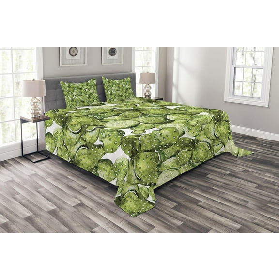 Ambesonne Desert Quilted Bedspread Set 3 Pcs, Sun Cactus Landscape, Queen Size, Green