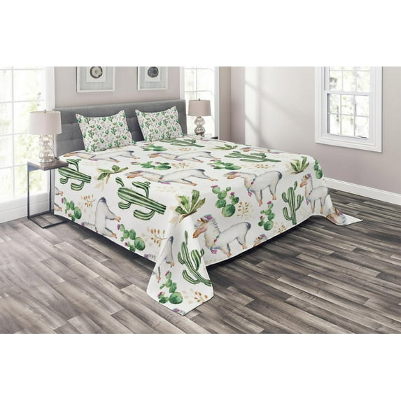 Ambesonne Desert Quilted Coverlet 3 Pcs, Llama Animal Pattern Cacti, Queen Size, Multicolor