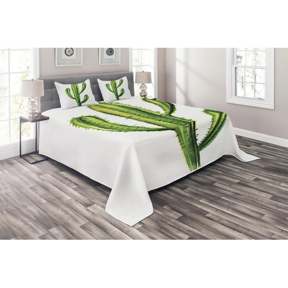 Ambesonne Desert Quilted Coverlet 3 Pcs, Mexican Cartoon Cactus, Queen Size, Green