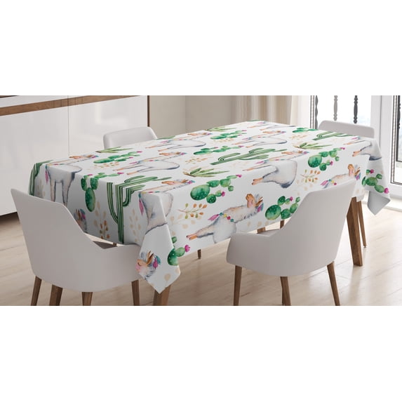 Ambesonne Desert Tablecloth Rectangular Table Cover, Llama Animal Pattern Cacti, 60"x84", Multicolor