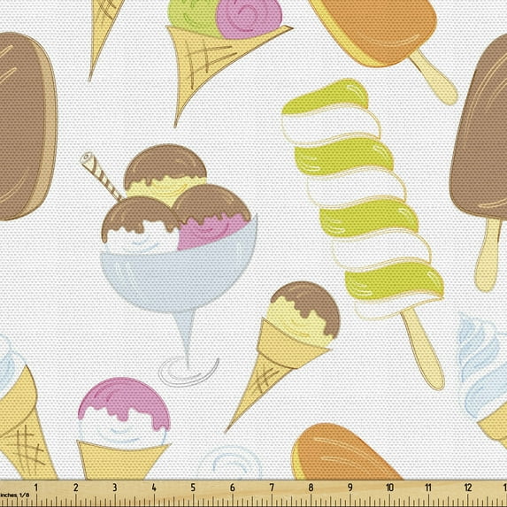Ambesonne Dessert Fabric by the Yard Upholstery, Assorted Ice Creams Image, 3 Yards, White Multicolor