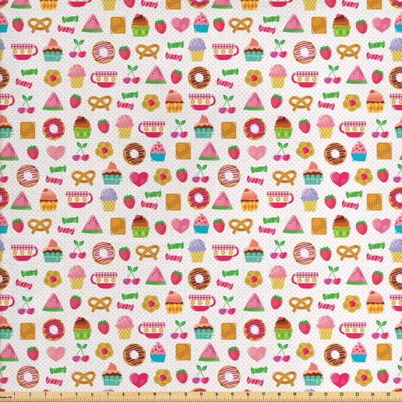 Ambesonne Dessert Fabric by the Yard Upholstery, Cconfectionary Candies, 3 Yards, Multicolor