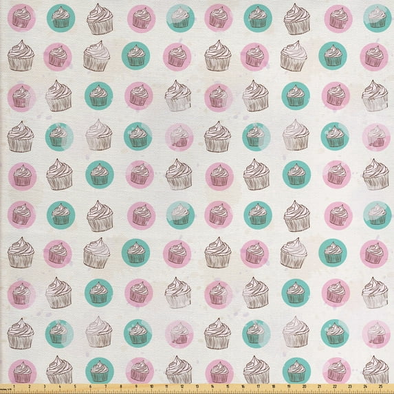 Ambesonne Dessert Fabric by the Yard Upholstery, Creamy Cupcakes in Rounds, 2 Yards, Multicolor