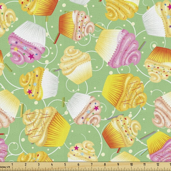 Ambesonne Dessert Fabric by the Yard Upholstery, Cupcakes Swirling Shapes, 3 Yards, Multicolor