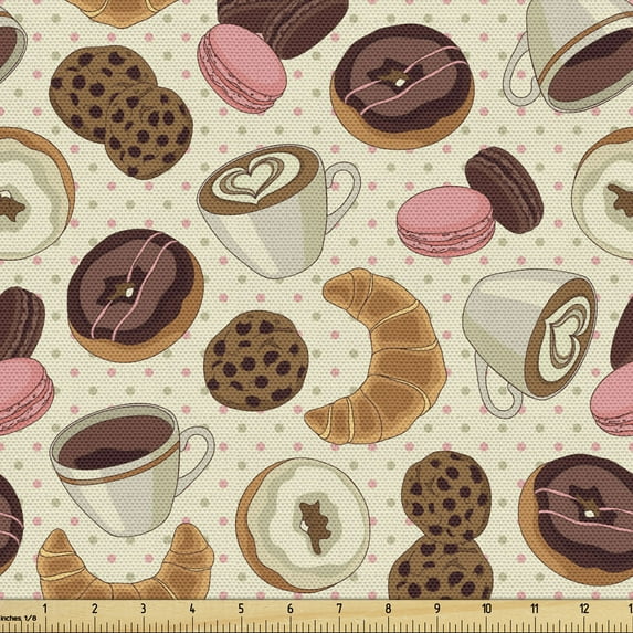Ambesonne Dessert Fabric by the Yard Upholstery, Donuts and Coffee Art, 1 Yard, Pale Pink Brown Cream