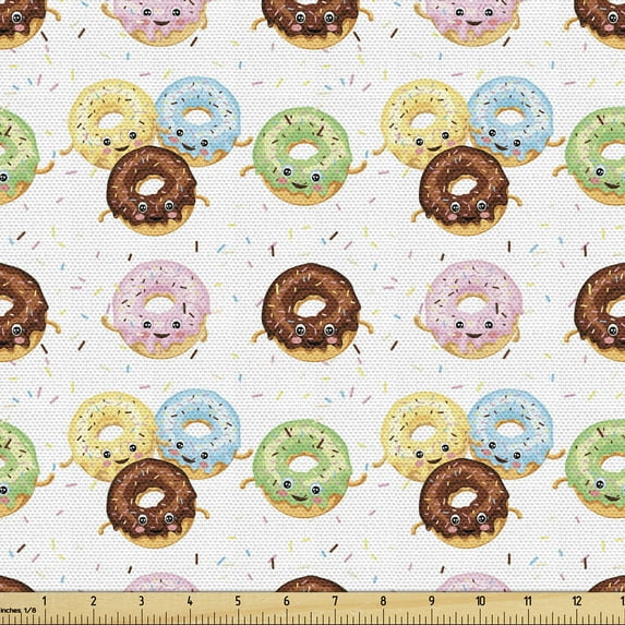 Ambesonne Dessert Fabric by the Yard Upholstery, Happy Donut Pattern Art, 2 Yards, Cinnamon Green and Blue